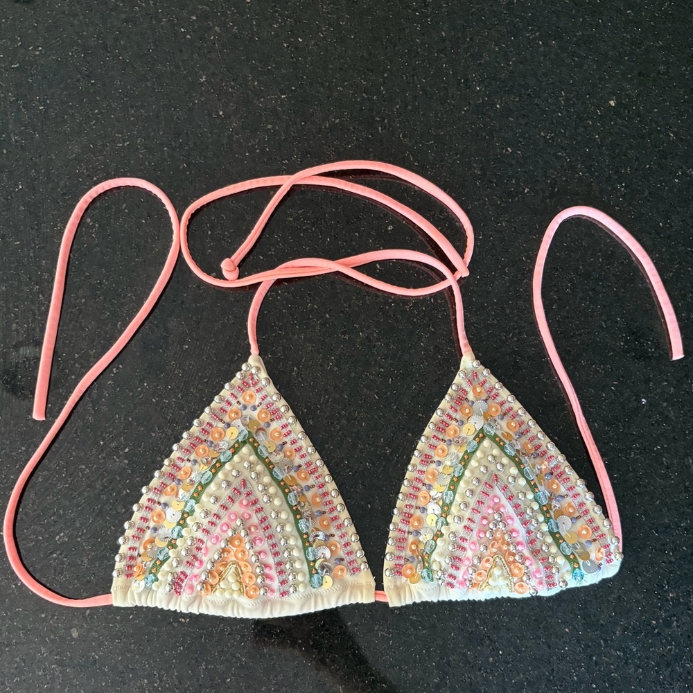 Victoria's Secret White Orange Coral Sequin Bikini Top Pink Triangle Size S